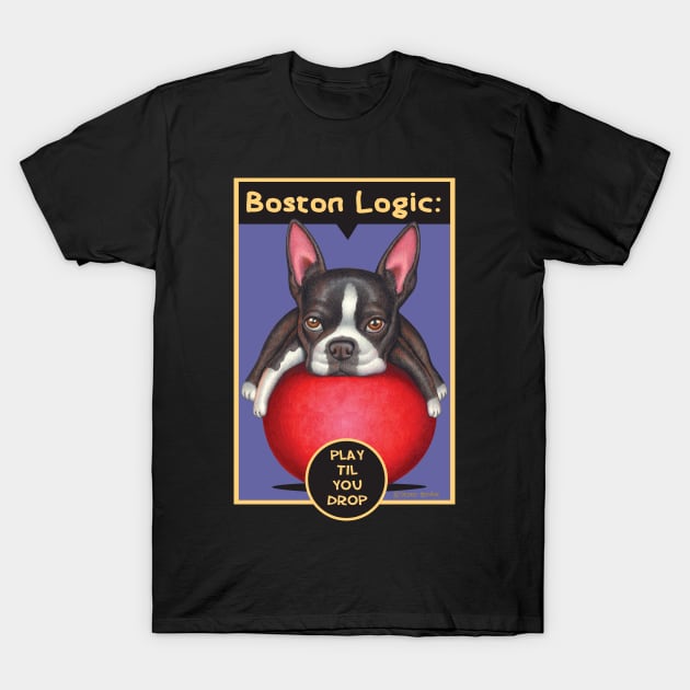 Cute Boston Terrier Dog on red ball on Boston Terrier on Red Ball tee T-Shirt by Danny Gordon Art